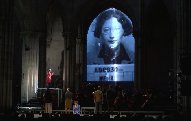 La Passion de Simone - 27 May 2014 at the Basilica of St. Denis in Paris, Saint-Denis Music Festival Secession Orchestra Clément Mao-Takacs, conductor Karen Vourc'h, soprano soloist Raquel Camarinha, soprano / Magali Paliès, mezzo-soprano / Johan Viau, tenor / Florent Baffi, baritone Isabelle Seleskovitch, actress Aleksi Barrière, stage director
